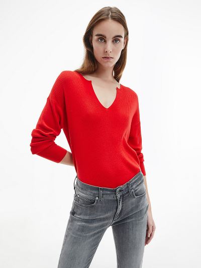 Calvin Klein Ruhák HU486087 | Calvin Klein Logo Tape V-Neck Női Pulóver Piros